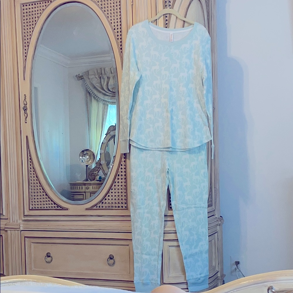Gilligan & O'Malley Mint Turquoise Blue REINDEER Thermal Knit Pajama Set ~ NWOT